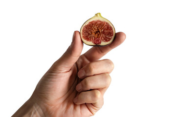 Wall Mural - hand holding a ripe fig, cut in half. Isolated on transparent background, png