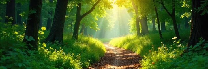 Wall Mural - Sun-dappled forest path winding through lush greenery, sunlight filtering through leaves, creating a magical atmosphere Perfect for nature, travel, and environmental themes , vegetation, fall
