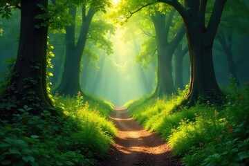 Wall Mural - Sun-dappled forest path winds through lush greenery, sunlight filtering through leaves, creating a magical, secluded atmosphere Perfect for fantasy, adventure, or nature themes , hidden, path, forest