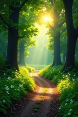 Wall Mural - Sun-dappled forest path winds through lush greenery, sunlight filtering through leaves, creating a magical summer scene Perfect for travel, nature, and summer themes , botanical, outdoors