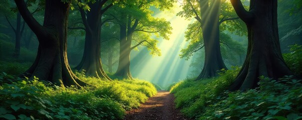 Wall Mural - Sunlight dapples through the dense canopy of a lush, ancient forest, illuminating a path winding through towering trees and vibrant undergrowth , atmosphere, tranquil, path