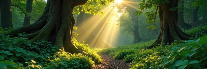 Wall Mural - Sunlight dappling through the leaves of a lush, ancient forest, highlighting the textures of bark and undergrowth  A serene and peaceful scene of untouched nature  ,  tranquility,  canopy