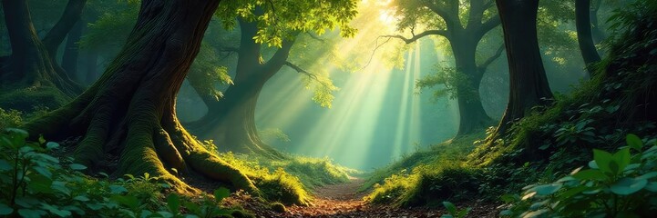 Wall Mural - Untamed wilderness, sunlight dappling through ancient trees in a lush, vibrant forest teeming with life Deep shadows and mossy textures create a sense of mystery and untouched beauty , green, wild