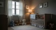 © mlangsen - Warm baby nursery with a crib, changing table, lamp, window, and stuffed animals