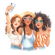 © Sabrina - Three young women taking a selfie, friendship, summer fun, happy faces, stylish outfits.