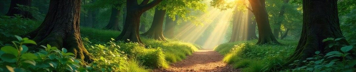 Wall Mural - sun-dappled forest path meandering through ancient trees, lush undergrowth, dappled light filtering 