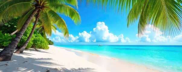Wall Mural - sun-drenched beach scene with vibrant turquoise water, white sand, and lush palm trees swaying gentl