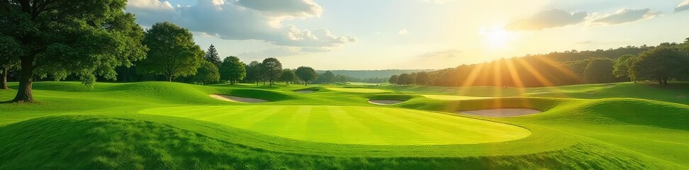 Wall Mural - sun-drenched fairway with lush green grass, gently rolling hills, and distant trees perfect for a re