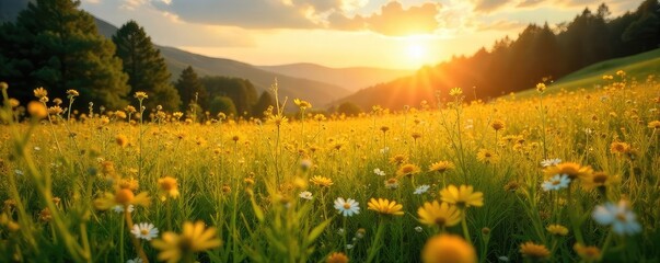 Wall Mural - sun-drenched meadow shimmering with golden wildflowers, a breathtaking landscape of natural beauty p