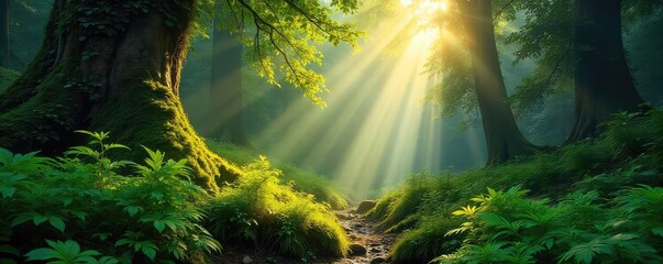 Wall Mural - Sunlight dapples the lush undergrowth of a temperate rainforest, illuminating ferns, moss, and ancient trees A tranquil scene of vibrant green foliage and dappled light , leaves, flora