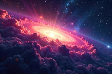 Wall Mural - Vast, swirling nebulae mark the edge of known space, a cosmic frontier beyond which lies the unknown A breathtaking view of the universe's boundary, full of mystery and wonder , deep space, mystery