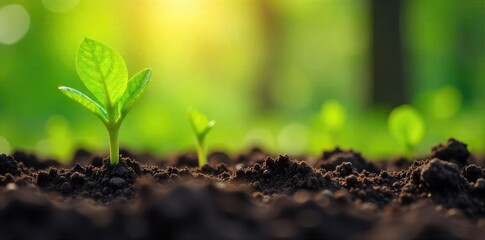 Wall Mural - spring rebirth vibrant green shoots emerging from rich earth in sunlight