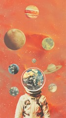 Wall Mural - Surreal video concept with an astronaut and planets. A low-angle shot emphasizes cosmic exploration against a vibrant orange space backdrop. Live mobile wallpaper.