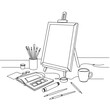 © Maroshka - Art supplies on desk, easel canvas with sketchbook, brushes, paints and cup, creative illustration in minimal black line