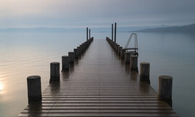  Wooden pier extends into still water, with posts, ladder, and mountains in background