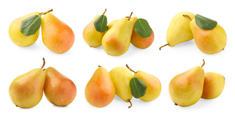 Wall Mural - Fresh juicy yellow pears isolated on white, set