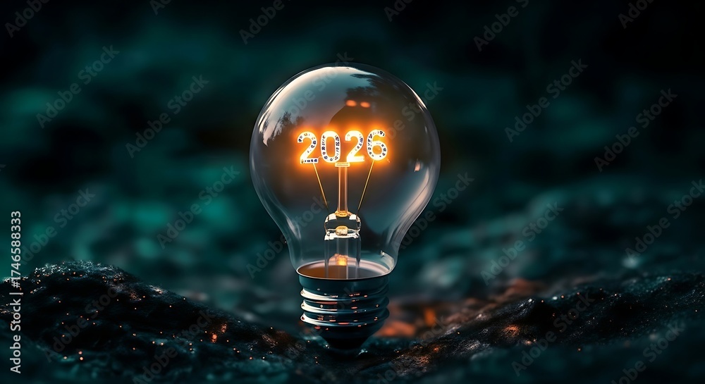 Glowing incandescent light bulb with the year 2025 illuminated inside ...