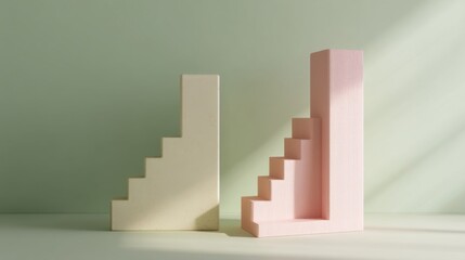 modern minimalist geometric staircase objects displayed against a mint green background wall,