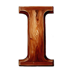 Wall Mural - Wooden letter I with natural grain texture and warm brown color, polished surface reflecting light, isolated on transparency background with bold and rustic appearance