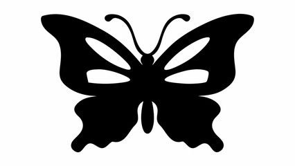Wall Mural - A black silhouette of a butterfly with decorative wing cutouts and antennae on a white background art