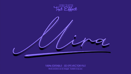 Mira name handwritten calligraphy script with glowing neon purple light effect in 3D editable vector file format
