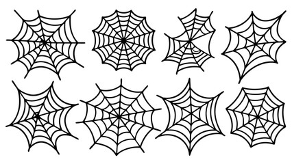 Set of eight spider web illustrations with circular and irregular cobweb patterns in black outline style.