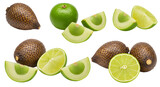 Fresh whole and sliced snake fruit salak with lime wedges isolated on white background, healthy tropical fruit for cooking and snacking