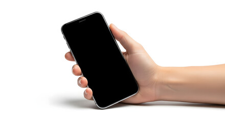 Hand holding a smartphone with blank screen isolated on white background