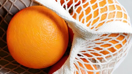 Fresh oranges in white net bag. Healthy food background