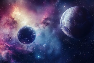 Wall Mural - Stunning cosmic landscape featuring two planets amidst vibrant galaxies