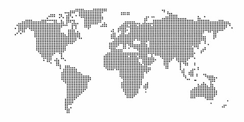 World map composed of black dots on a white background representing global geography and connections