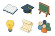 © peppastocker - Isometric Education Icons. Educational workshop isometric set. open book, graduation cap, chalkboard, light bulb, scroll, people group.