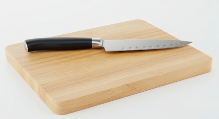 Knife rests on a wooden cutting board set against a neutral backdrop The knife is metal with a black handle