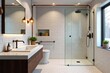 © Katriya - Modern Industrial Bathroom Design Exposed Copper Pipes, Grey Subway Tiles, Minimalist Vanity, Walk-in Shower