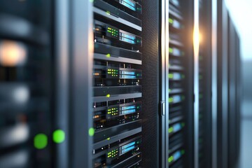 Wall Mural - Futuristic IT server racks with illuminated blue and green indicators in a high-tech data center, perfect for AI computing visuals, digital infrastructure, and cloud network technology designs