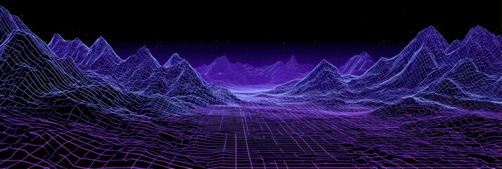 Futuristic Terrain: 3D Mesh Landscape with Neon Wireframe and Abstract Violet Cyber Background