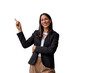 © PeopleVideos - Businesswoman smiling, pointing finger up, indicating direction, presenting copy space on transparent background