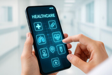 Person using a smartphone with a healthcare APP featuring medical icons mobile hand