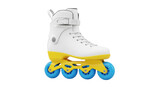 Isolated inline skate standing on flat surface with four blue wheels and a white boot