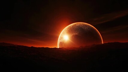 Wall Mural - A stunning view of a massive sun setting over a volcanic planet, with dramatic clouds and glowing lava.