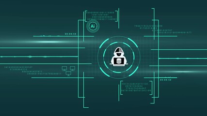 abostract glowing neon hacker icon with hud. programmer or hacker working with multiple computer screens late at night, featuring coding and cyber security lock icons, 4k video