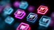 © Alexander - Ecommerce technology modern digital shopping icons glowing in neon colors shopping, ecommerce, digital, technology, online, retail, marketplace, internet, cyber, neon, sale, busine