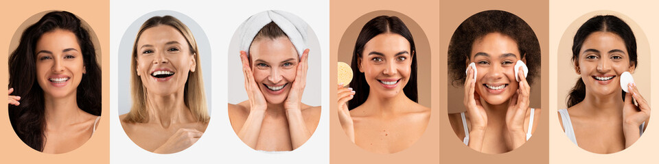 This collage showcases a diverse group of women engaged in various skincare routines. Each woman displays excitement and confidence while applying products, highlighting the joy of self-care.