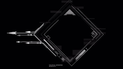 Wall Mural - Dynamic HUD Element: Futuristic Data Flow with Arrows and Geometric Shapes on Black Background