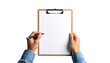 © photostockatinat - A person's hands holding a clipboard with a pen poised above a blank paper, ready to write
