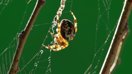 Backlit Garden Spider Weaving an Intricate Web in Nature.