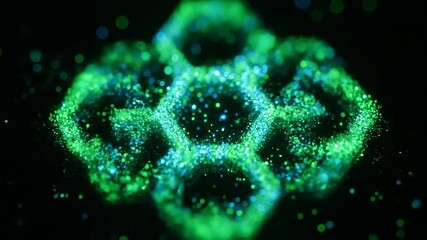 Wall Mural - microscopic slow motion capture of glowing particles dynamically arranging into a complex hexagonal 