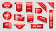 © Ukio.stock - Realistic red label. Sale tag ribbon, new collection banner, price discount sticker. Product promotion badge, corner. Special offer business 3D emblem, header. Vector isolated set