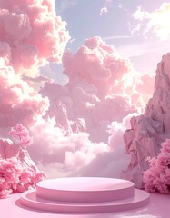 Wall Mural - An elegant abstract setup with a product pedestal in a fairytale-inspired landscape, featuring soft pastel pink clouds in a 3D illustration