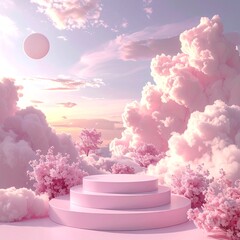 Wall Mural - An elegant abstract setup with a product pedestal in a fairytale-inspired landscape, featuring soft pastel pink clouds in a 3D illustration